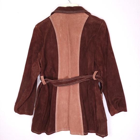 Vintage 70s Two Tone Brown Patchwork Suede Leather Western Belted Jacket 15/16 - Picture 3 of 9